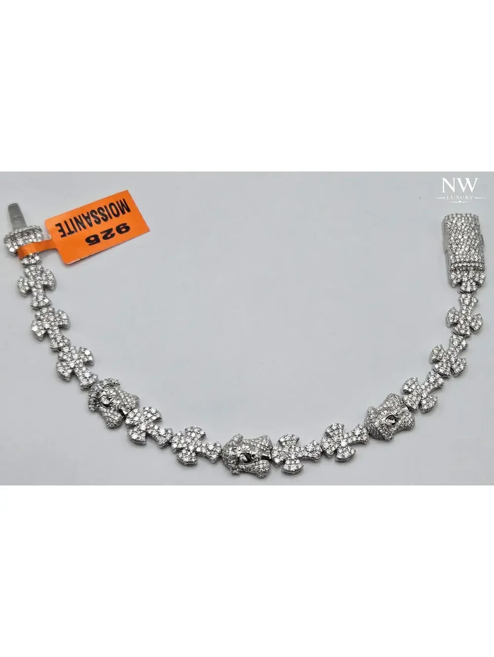 Real MOISSANITE Jesus Face & Cross Bracelet, 925 Sterling Silver, 9in Icey